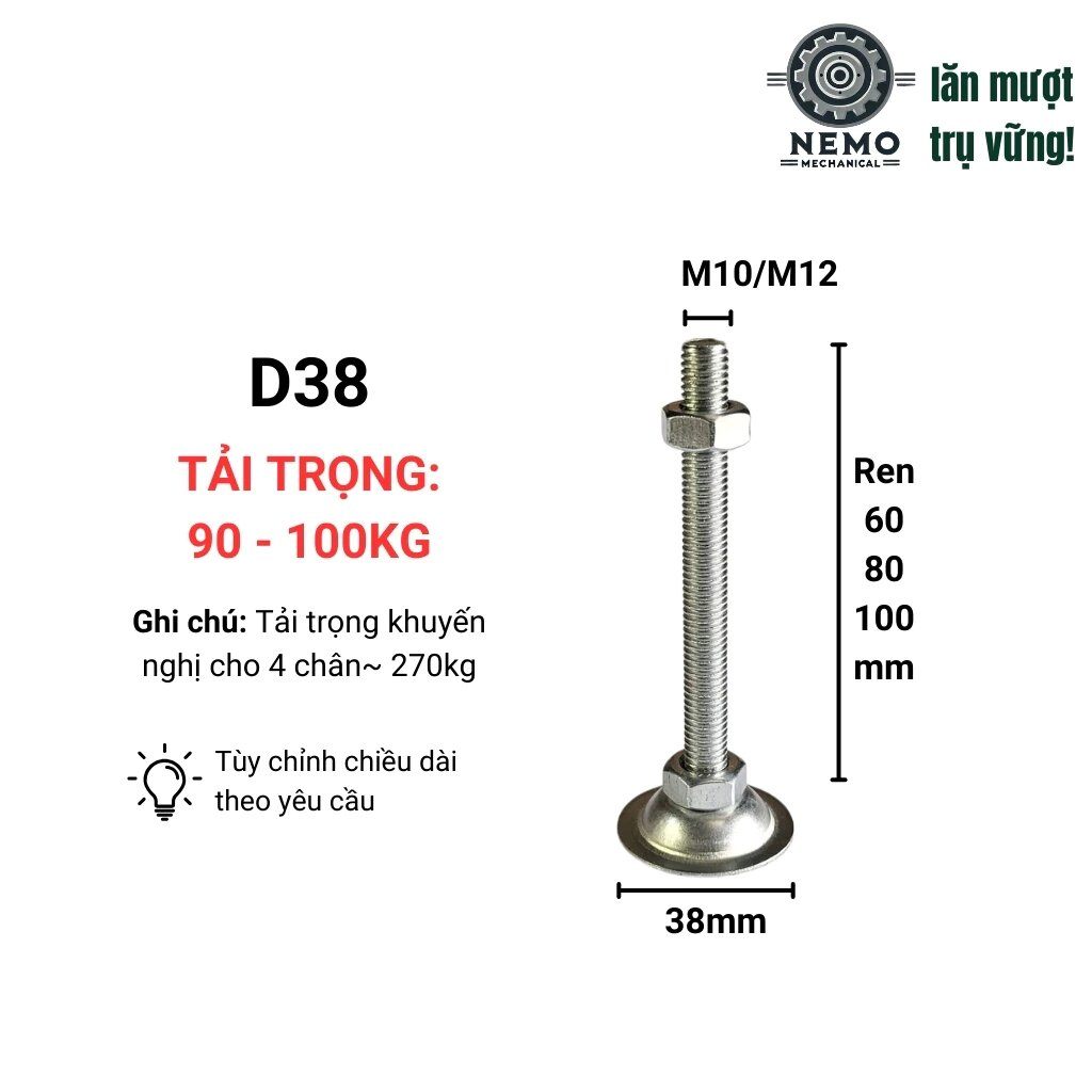 Chân tăng chỉnh đế thép, M10-M16, bulong 60mm-150mm tải 90kg-150kg cho giá kệ, bàn thao tác